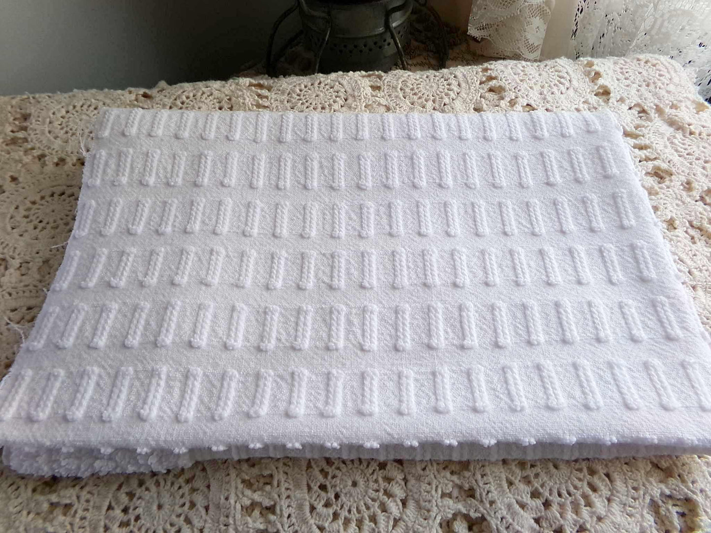 minimalist white vintage chenille fabric: buttonhole design, 18" x 24" cut piece sewing material
