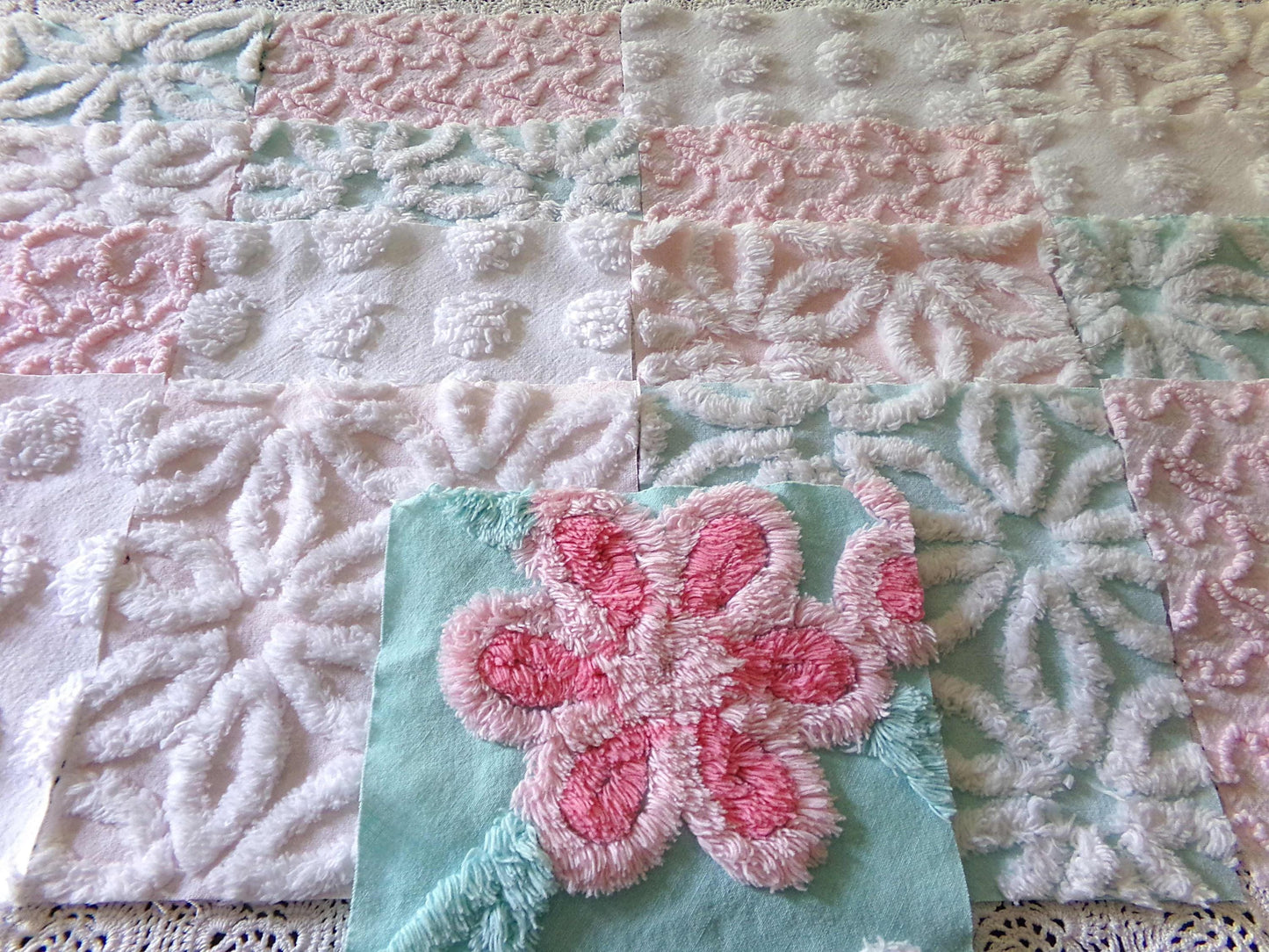 cottage chic 6" chenille squares, set of 17 aqua, pink & white quilt blocks cut from vintage chenille bedspread fabrics, daisies 'n dots