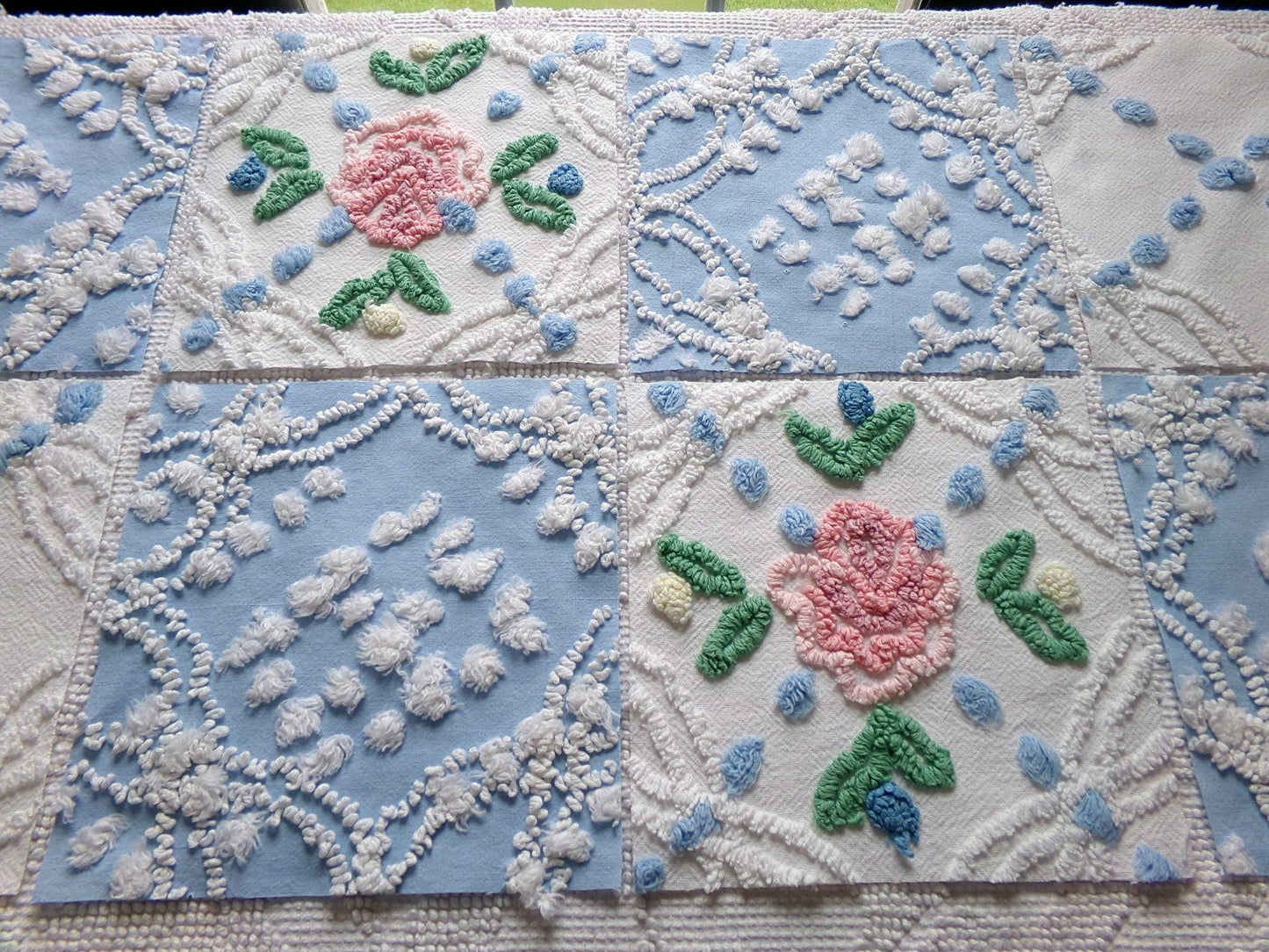 winter rose chenille fabric squares, set of 8 vintage 7.5" quilt blocks, blue & white geometric, pink floral for sewing, crafts, quilting