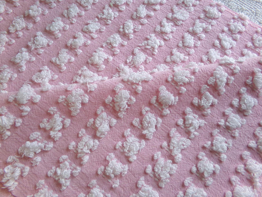 Lovely Carnation Pink & White Rosebud Vintage Chenille Fabric, Gentle Ombre Variations, 19" x 25" Inch Piece, Popular in Handmade Quilts