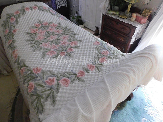 Divine Cottage Vintage Chenille Bedspread, English Pink Lily Florals on White, Integrated Skirt, FULL Size