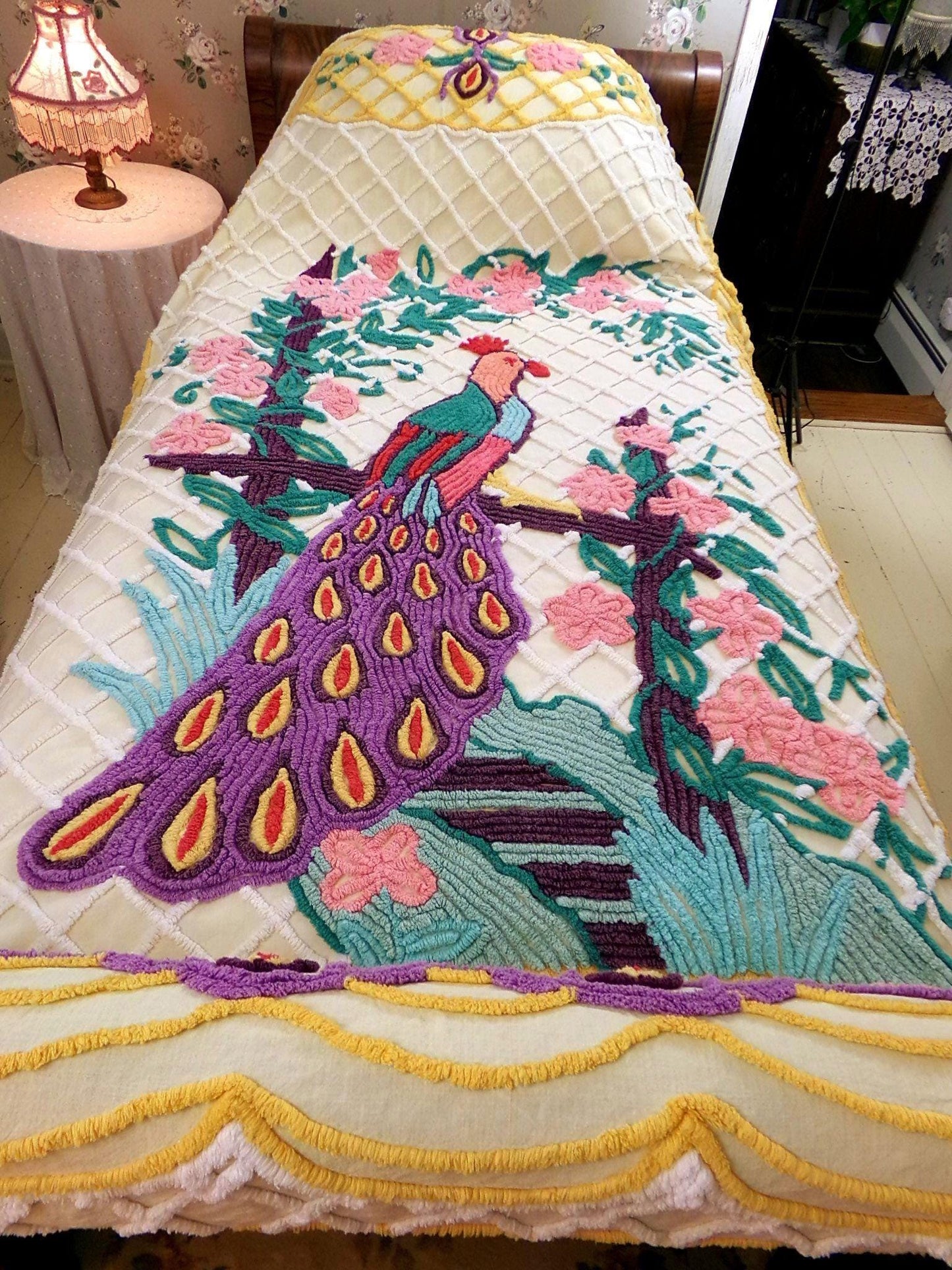 Grand Perched Peacock in a Garden Vintage Chenille Bedspread, Exotic Art Deco Dramatic 1940s Design, Full Size Lightweight Cotton Coverlet