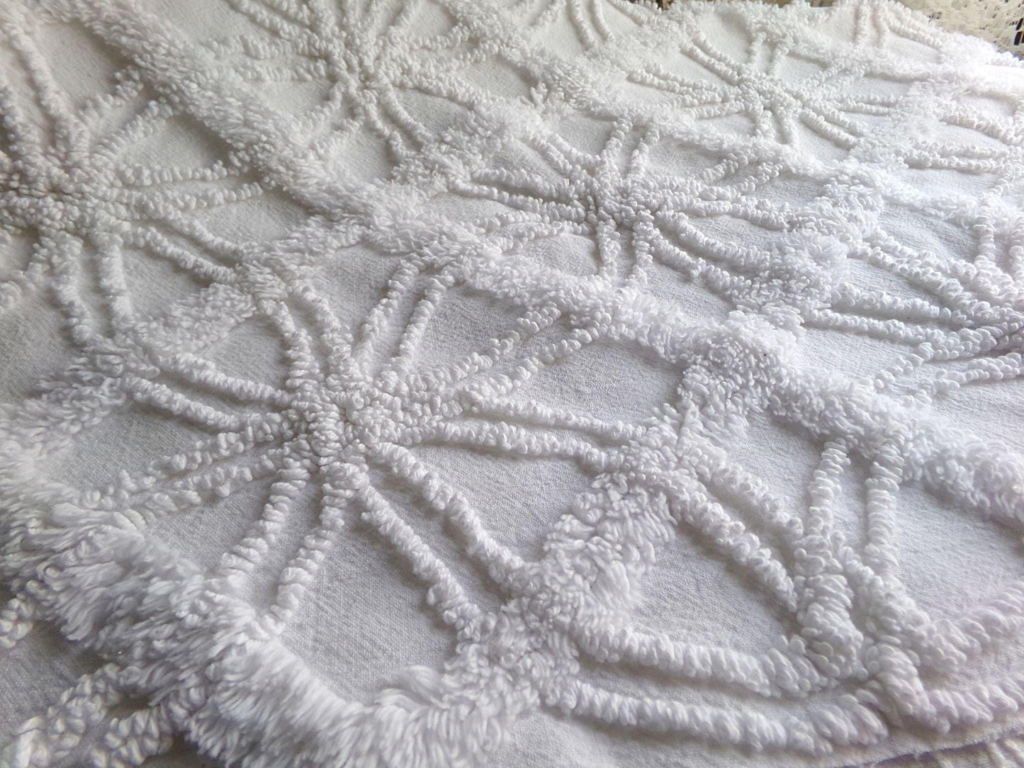 classy white chenille fabric, 3D windowpane webbing design, 20" x 25" inch piece of vintage sewing quilt material, versatile cool neutral