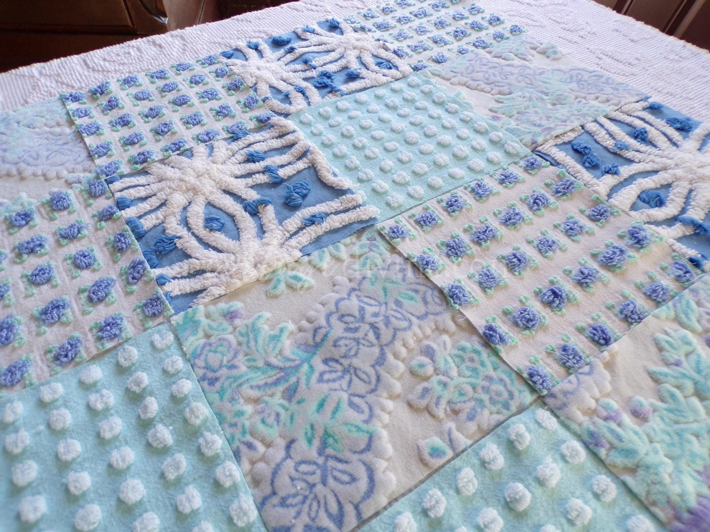 Mystic Moonglow Luxury Chenille & Velvet Quilt Squares Set from Vintage Bedspread Fabric, 16 Blocks, 6" inch