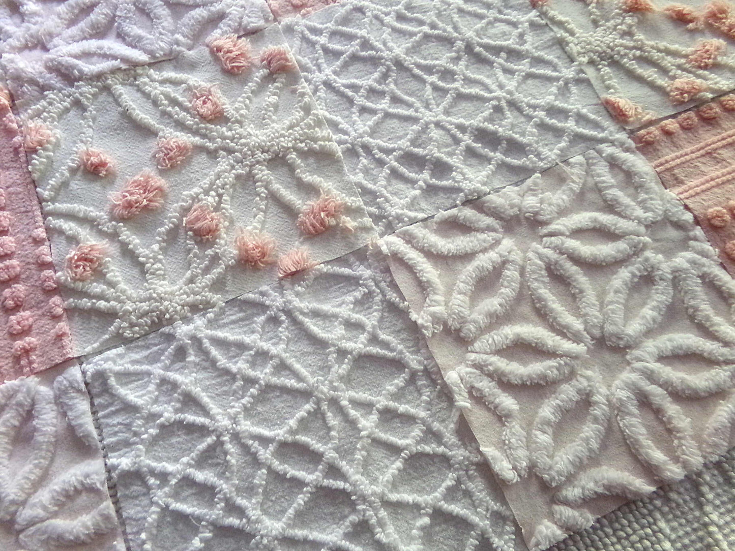Chenille Fabric Squares Set, "Charmed", 16 Vintage Quilt Blocks, 6" inch in Pinks & White