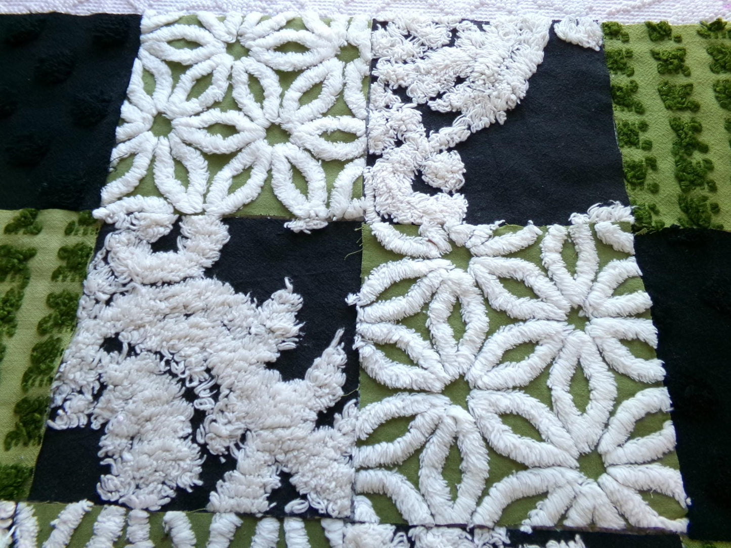 goblin green & black chenille fabric squares, set of 17 vintage boho quilt blocks for hippie style pillows, fiber arts
