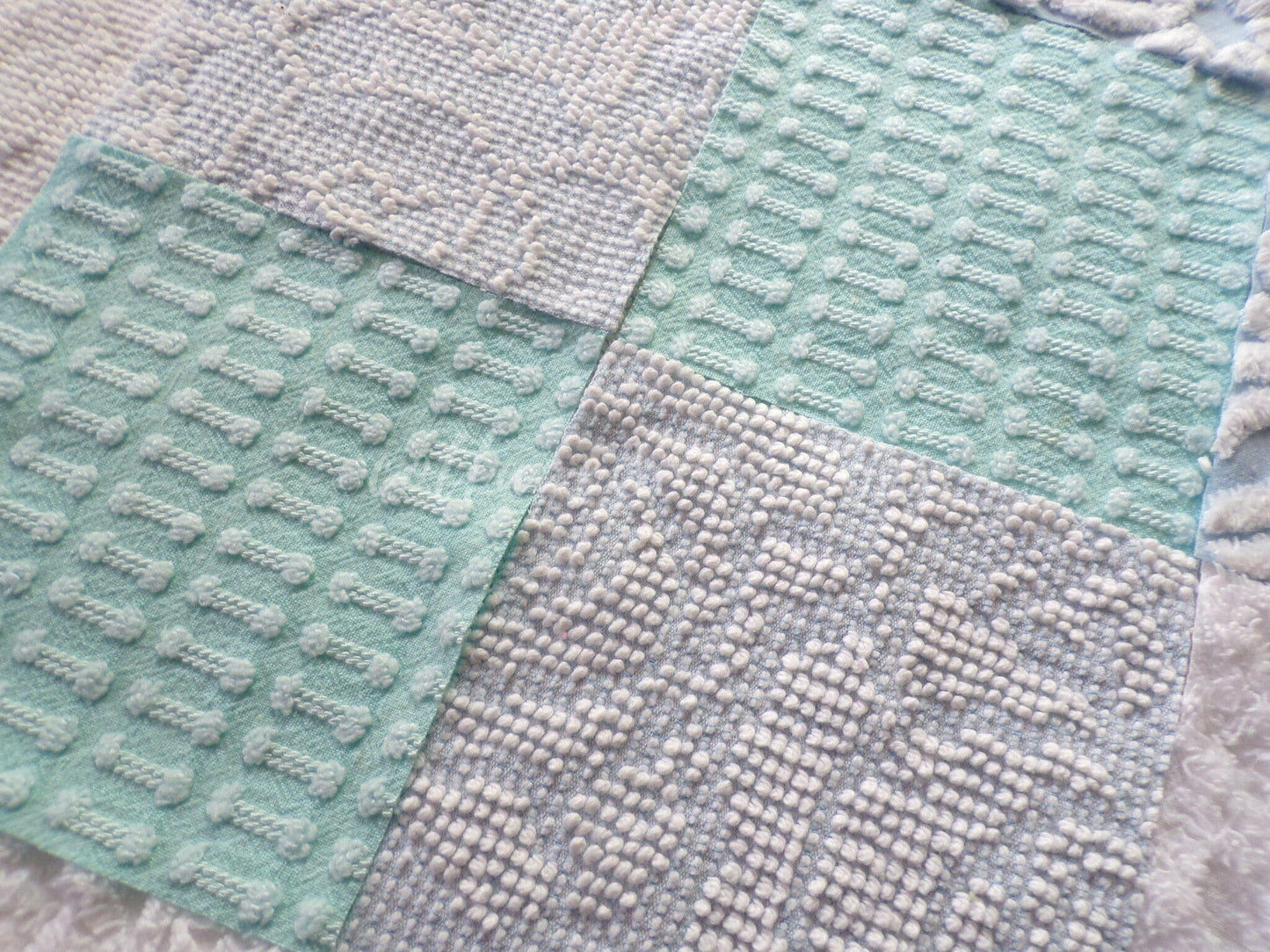 Barefoot on the Beach Chenille Quilt Squares Set from Vintage Bedspread Fabric, 16 Blocks, 6" x 6" inch, Coastal Blues & White