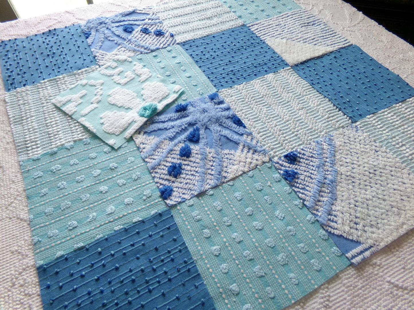 mermaid kisses chenille fabric squares, set of 17 vintage blue & aqua 6" craft blocks, chic designs for quilt inlays, pillows, fiber arts