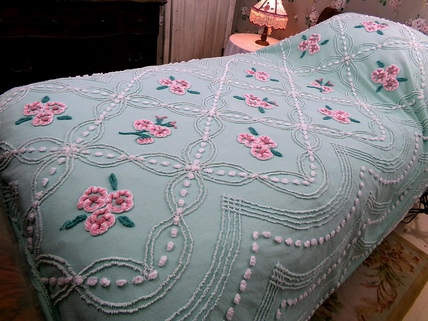 jade green pink rose vintage chenille bedspread, beautiful twin size shabby chic style bedding, great as a summer cottage coverlet