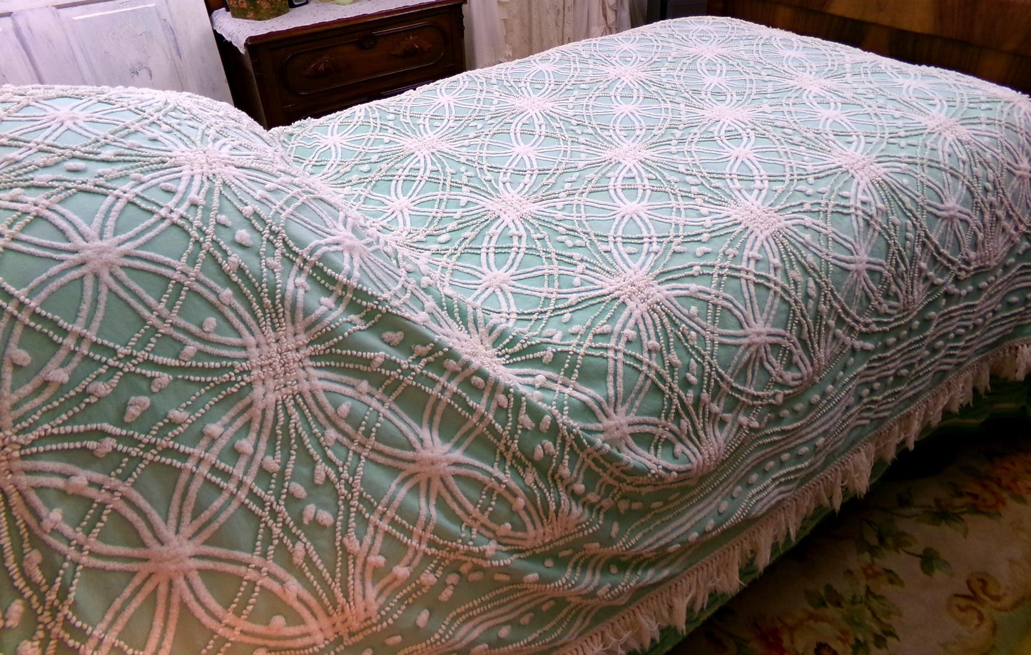 jade green pink rose vintage chenille bedspread, beautiful twin size shabby chic style bedding, great as a summer cottage coverlet
