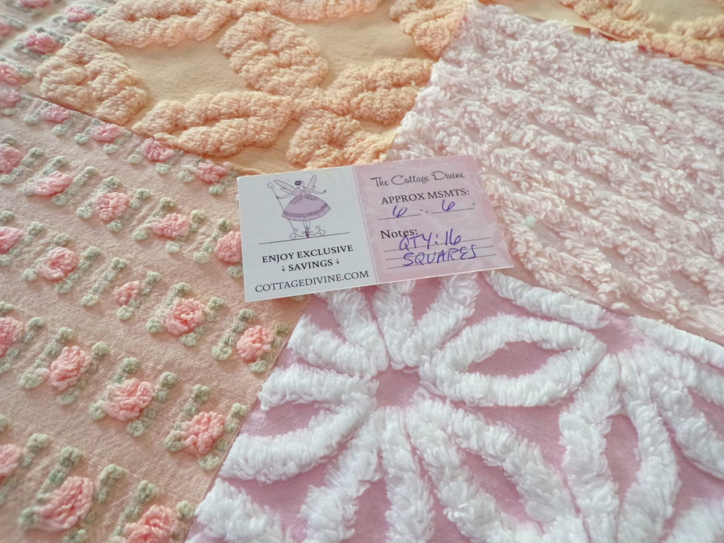 Peach Chenille Fabric Squares Set, "Nostalgia Rose" 16 Vintage Quilt Blocks, 6" inch
