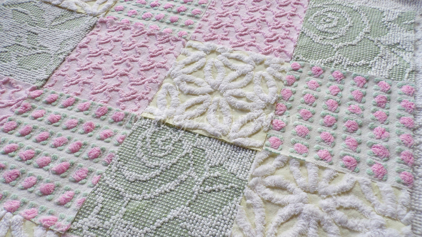 Fresh Flowers Chenille Quilt Squares Set from Vintage Bedspread Fabric, 17 Blocks, 6" x 6" inch