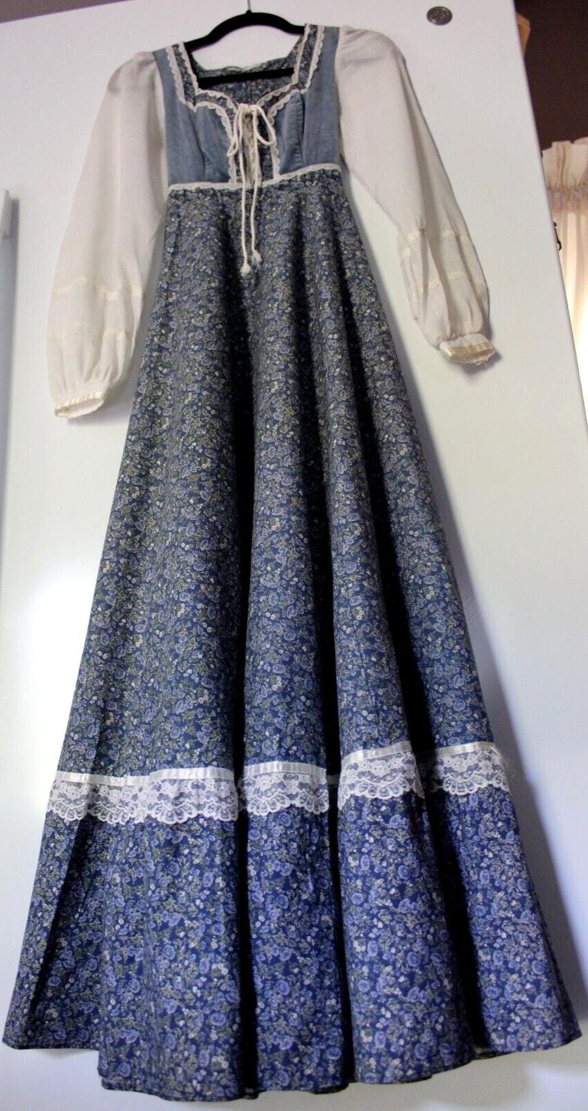 Vintage Gunne Sax Prairie Dress, Morning Glory Velvet Corset, Maxi Gown, SUPER SMALL