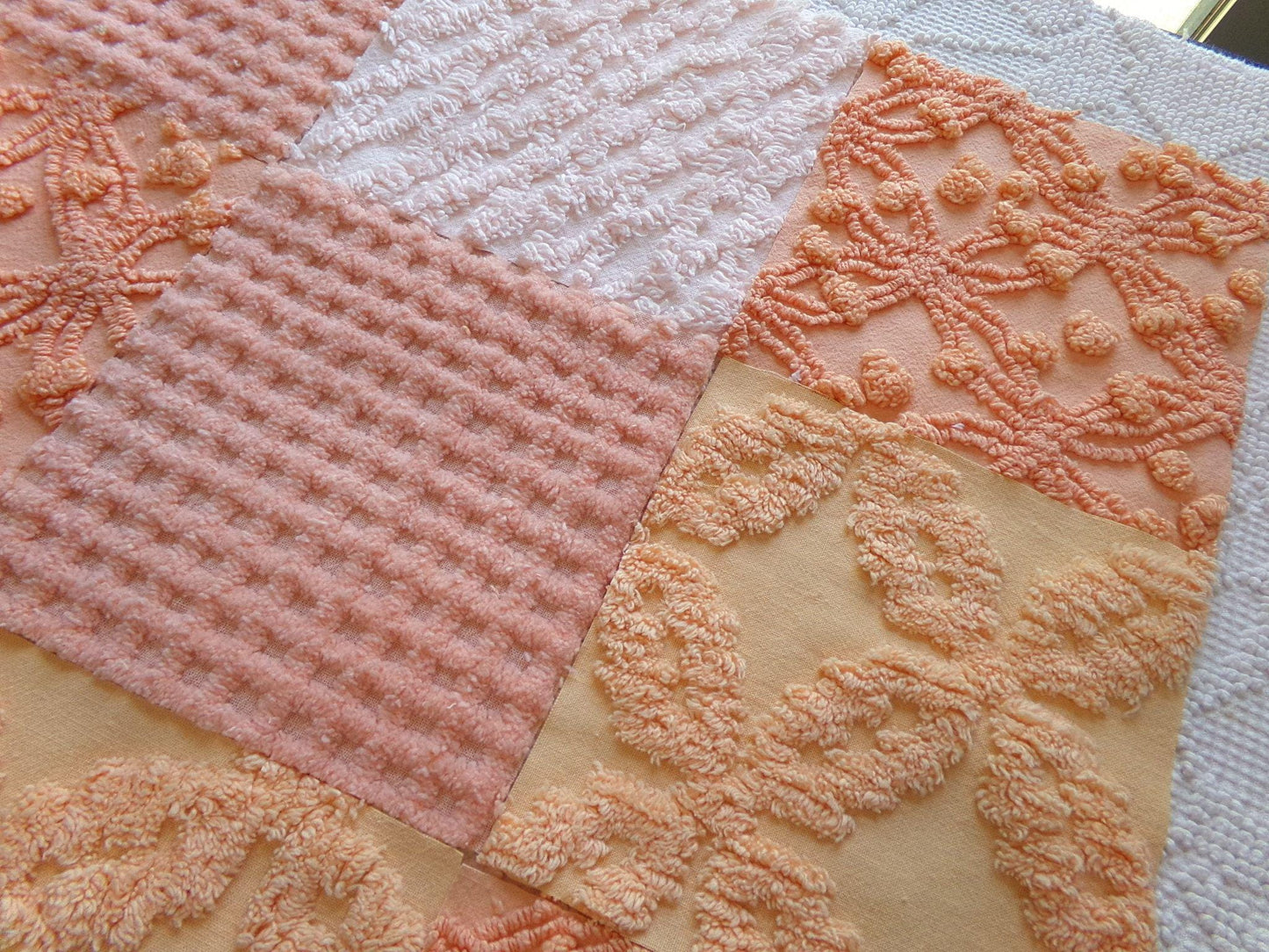 bliss peach chenille fabric squares, set of 16 vintage craft quilt blocks 6" inches, geometric designs for quilt inlays, pillows, fiber arts