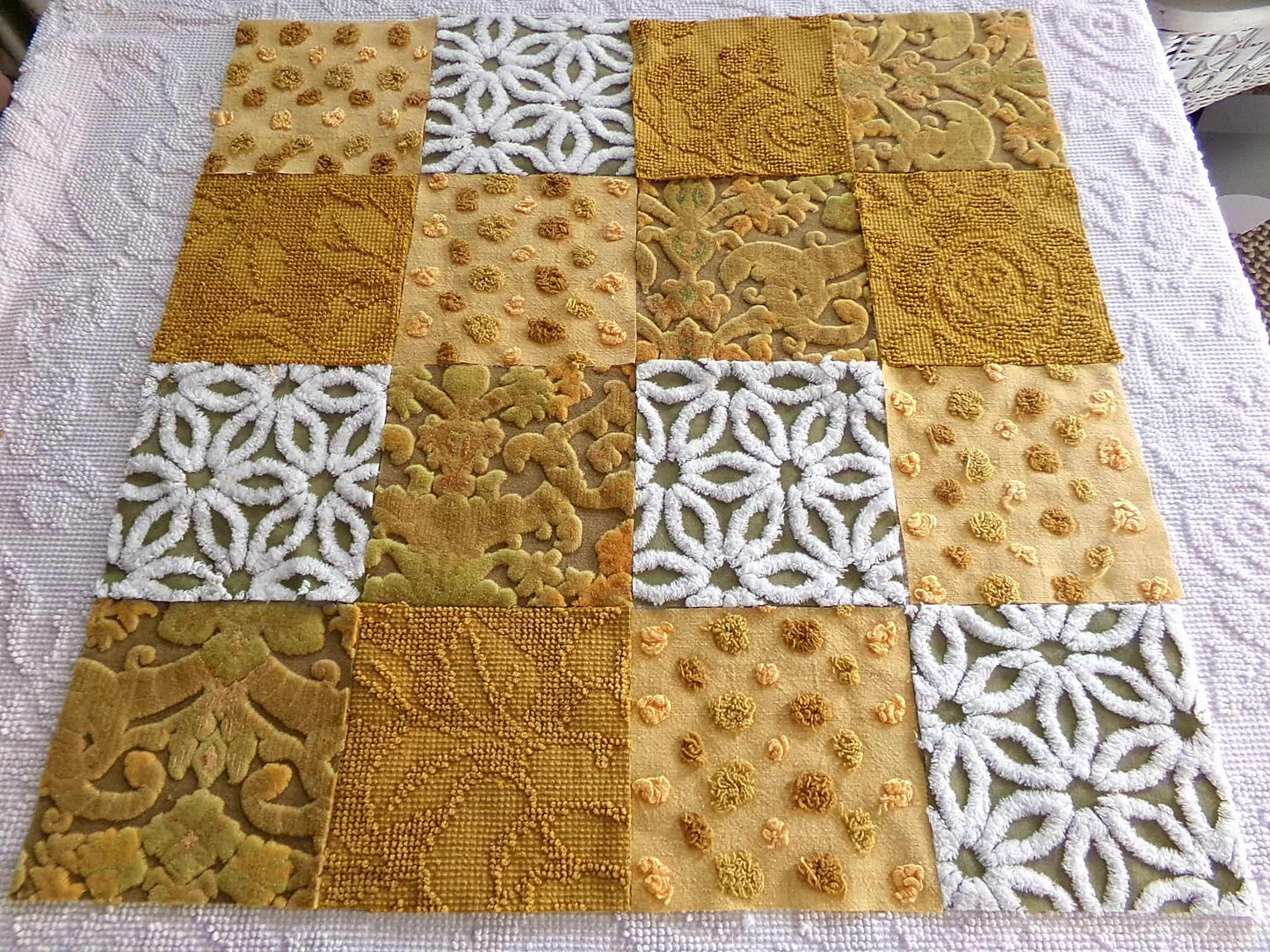 boho mama velvet & chenille fabric squares, earthtone daisy, dots, 16 vintage quilt blocks 6" x 6" inch, for pillows, quilts, crafts