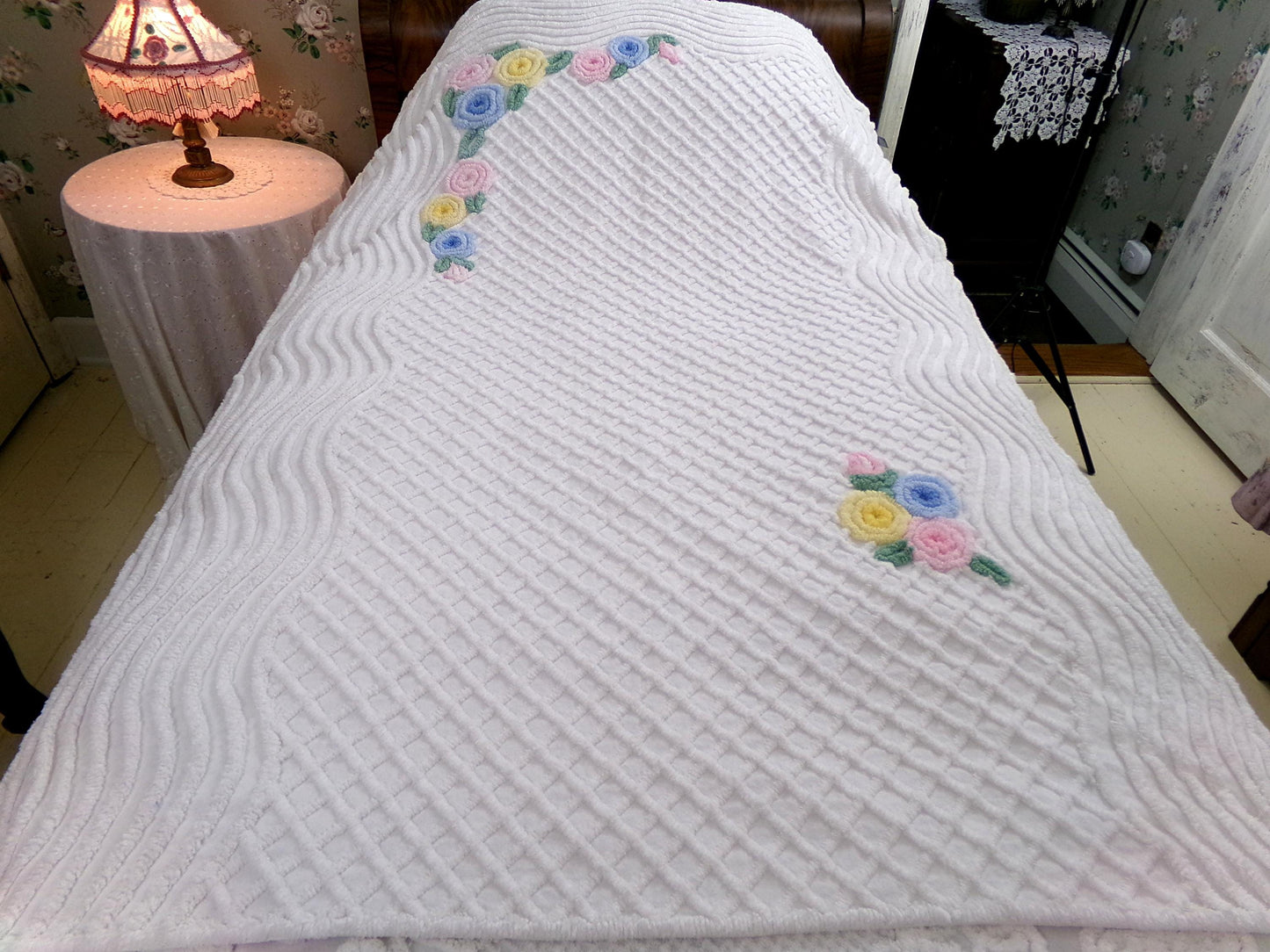 cozy vintage chenille lap blanket in simple cottage florals on white cotton, great porch throw, layering piece, small coverlet, 40"W x 57"L