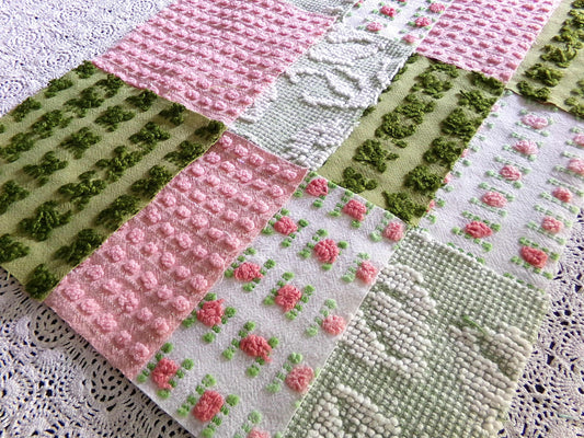 Olive & Ombre Rose Chenille Fabric Squares Set, Old Fashioned 16 Vintage Quilt Blocks, 6" x 6" inches each, for Quilting, Sewing, Pillows