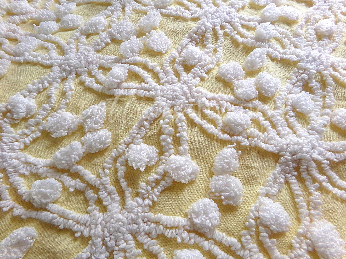 Sunny Yellow Vintage Chenille Fabric, White Geometric Wedding Ring & Pop Design, 20" x 24" Inch Piece, Popular in Handmade Quilts