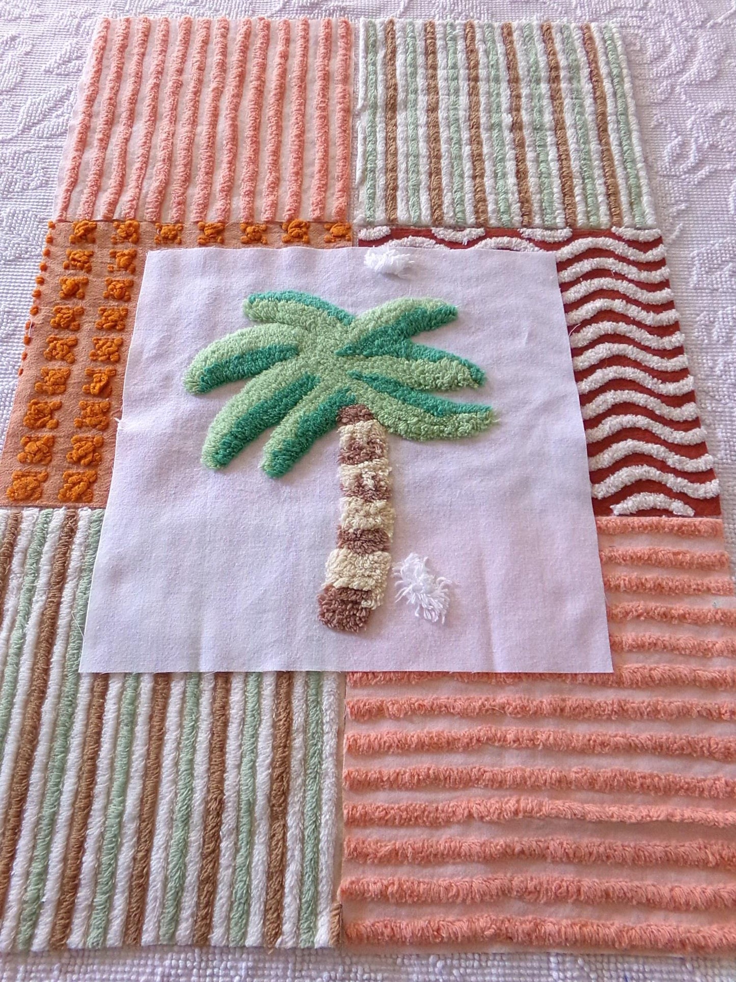 chenille fabric squares, set of 6 large 9.5" square quilt blocks and 1 palm tree 12.5" square, tropical fun & great texture