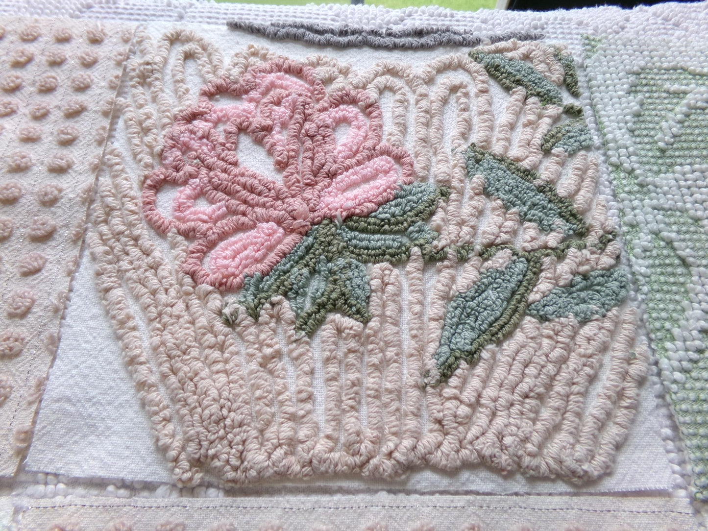 rose garden chenille fabric squares, set of 8 vintage 7.5" quilt blocks, neutrals & chic florals, for sewing, crafts, quilting