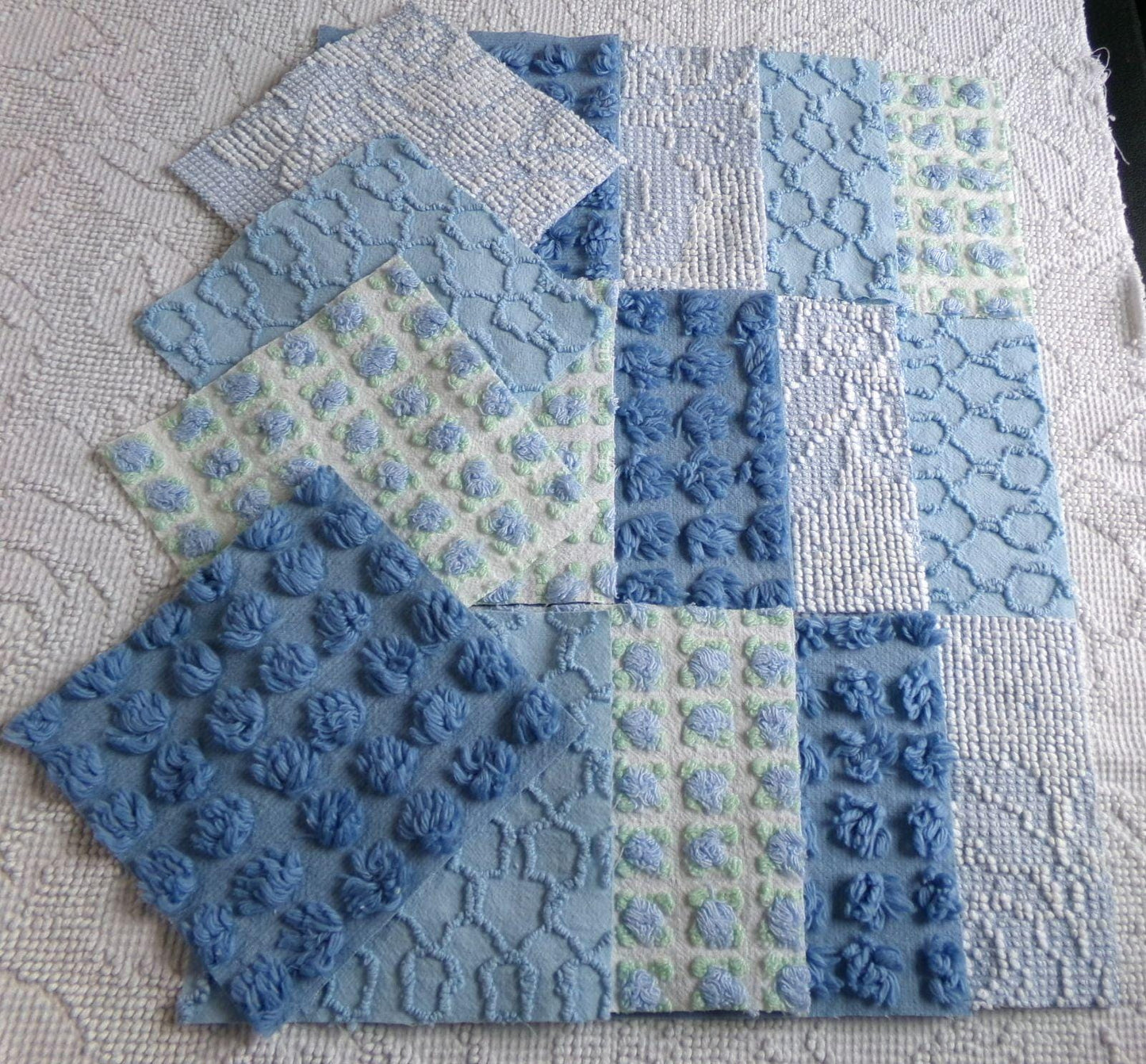 magical moonglow chenille fabric squares, 16 vintage 6" quilt blocks in blue & white, for sewing, crafts, fiber arts