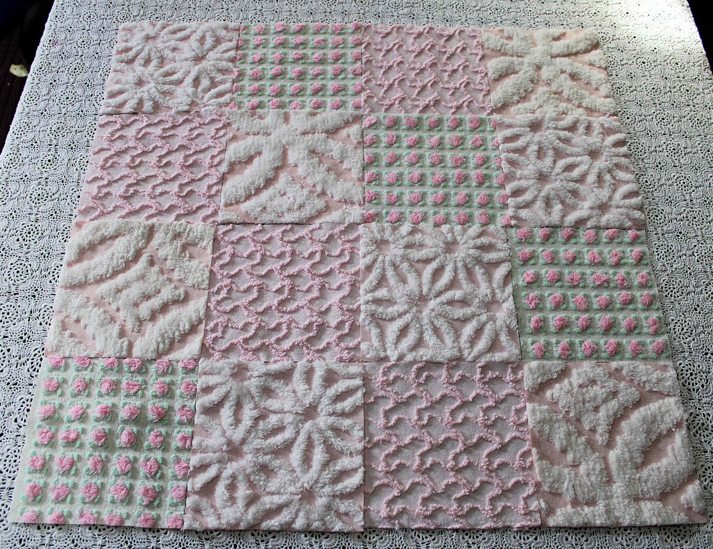 fairy pink chenille fabric squares, cottage rosebud & daisy, 16 vintage quilt blocks 6" x 6" inch, for patchwork pillows, quilting, crafts