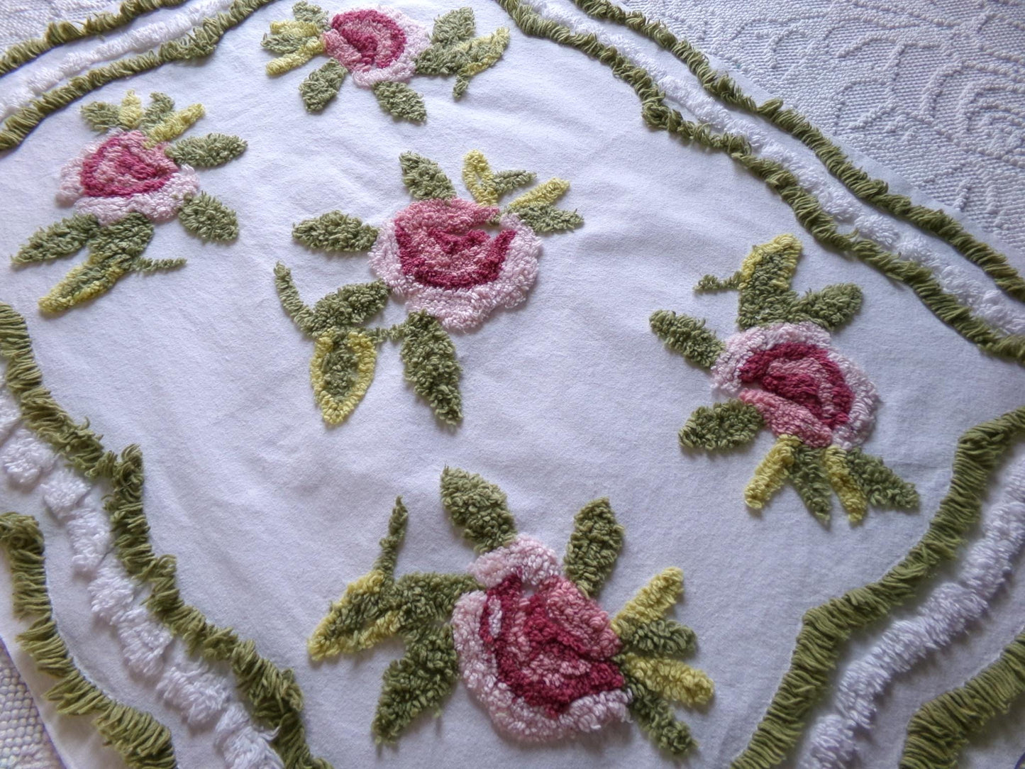 victorian style rose vintage chenille fabric, 19" x 25" inch piece of cotton sewing material, great for pillows & crafts