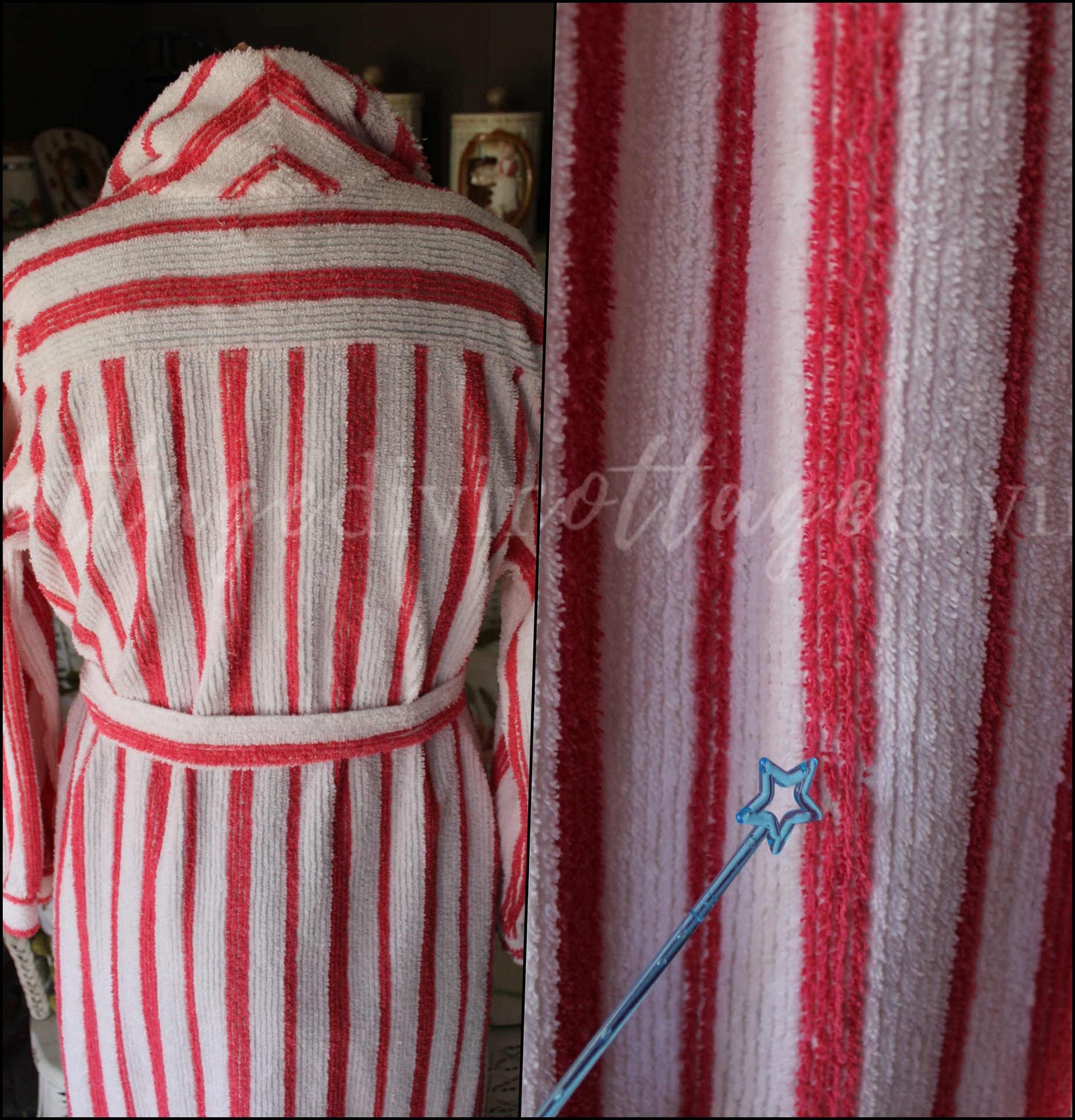 Feminine Flattering Vintage Chenille Robe, Siren Red & White Stripes Bathrobe, Ladies Size S, Lightweight Summer Cotton Blend