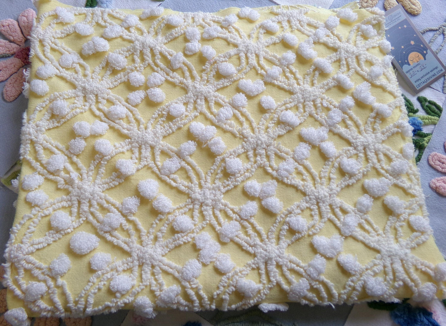 sunny yellow vintage chenille fabric, 20" x 24" piece of craft material for sewing, quilting in white overtufted pops & spider ring pattern