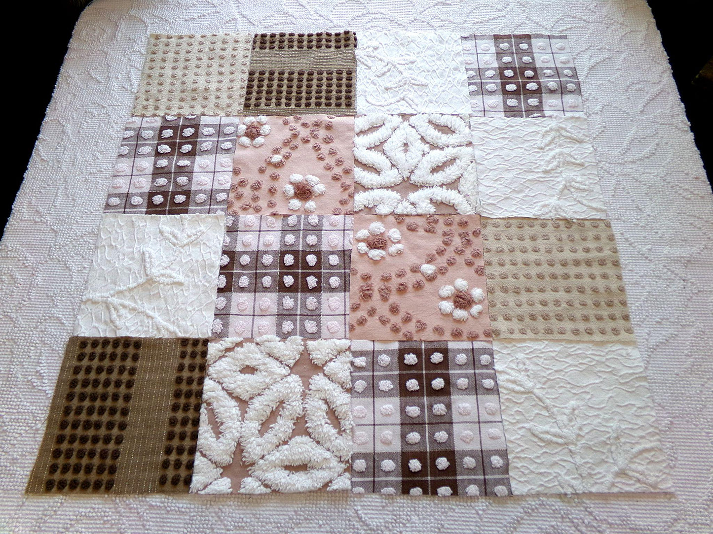 vintage 6" chenille squares, "boho girl" set of 16 quilt blocks, rotary cut from vintage chenille & matelasse bedspread fabrics