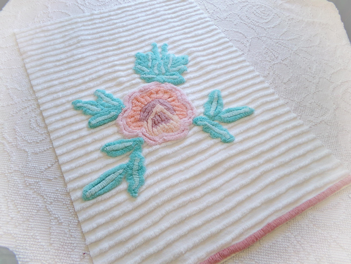 Vintage Chenille Fabric: Single Rose Cotton Sewing Material 23" x 16"