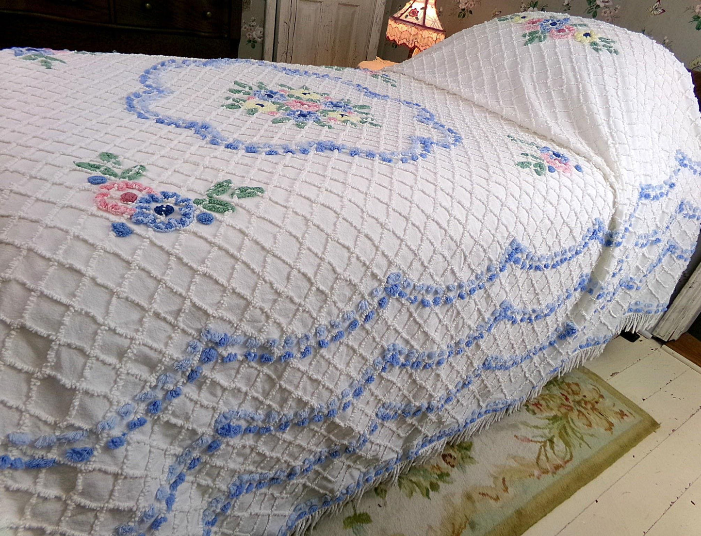 cottage classic vintage chenille bedspread, springtime flowers on white with fringe trim, full size cotton bedding
