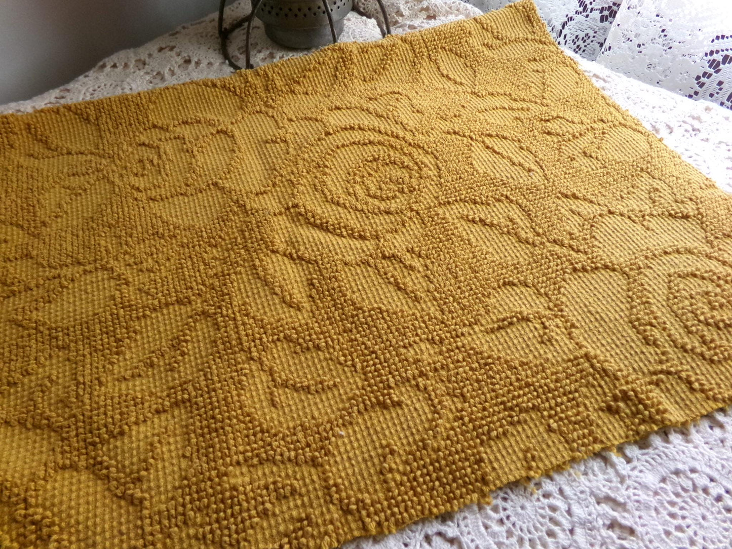 boho rose hobnail chenille fabric, vintage saturated retro harvest gold woven sewing material with pom pom trim 20" x 24" inch reversible pc