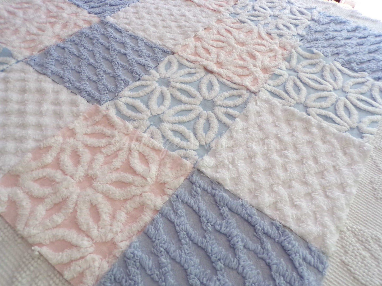 Fluffy Soft 6" Chenille Fabric Squares, Set of 16 Quilt Blocks, Pink, Blue & White Daisy Designs Cut from Vintage Chenille Bedspreads