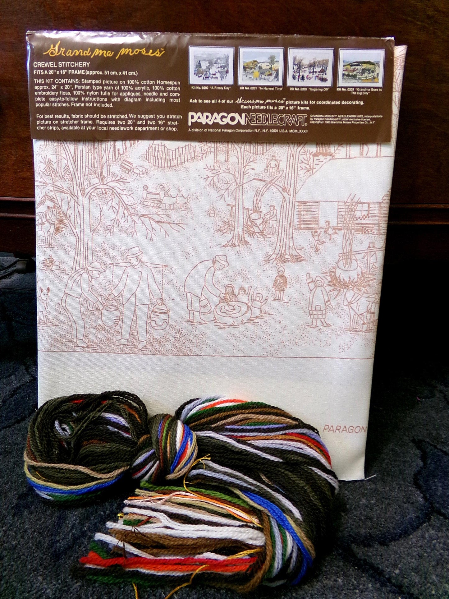 SUGARING OFF Crewel Stitchery Kit, Vintage Grandma Moses Design, Paragon Needlecraft Embroidery Kit # 0202 from 1983