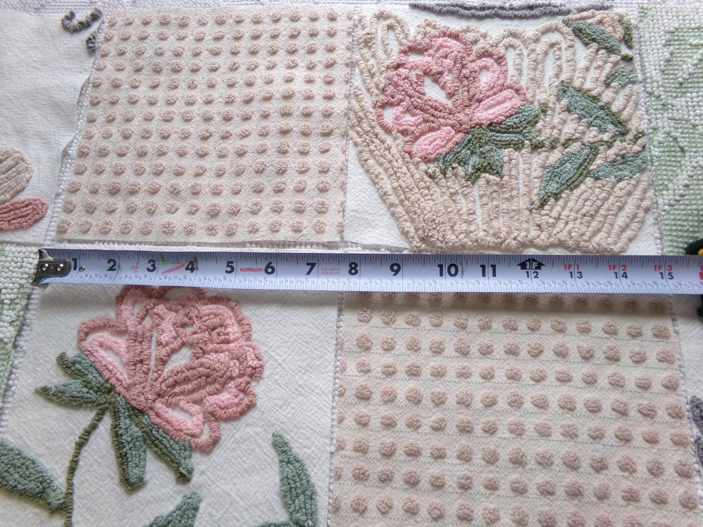 rose garden chenille fabric squares, set of 8 vintage 7.5" quilt blocks, neutrals & chic florals, for sewing, crafts, quilting