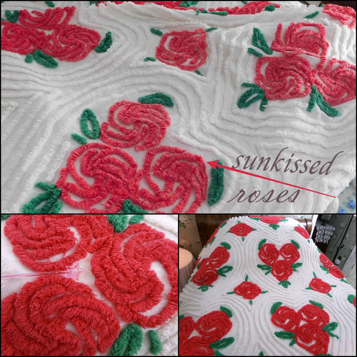 hopeless romantic vintage chenille bedspread, shabby red pinwheel roses in swirl hearts, 100% white cotton full size bedding, pom pom trim