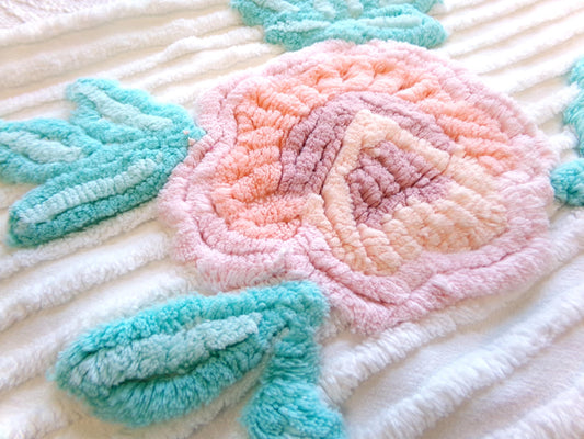 Vintage Chenille Fabric: Single Rose Cotton Sewing Material 23" x 16"