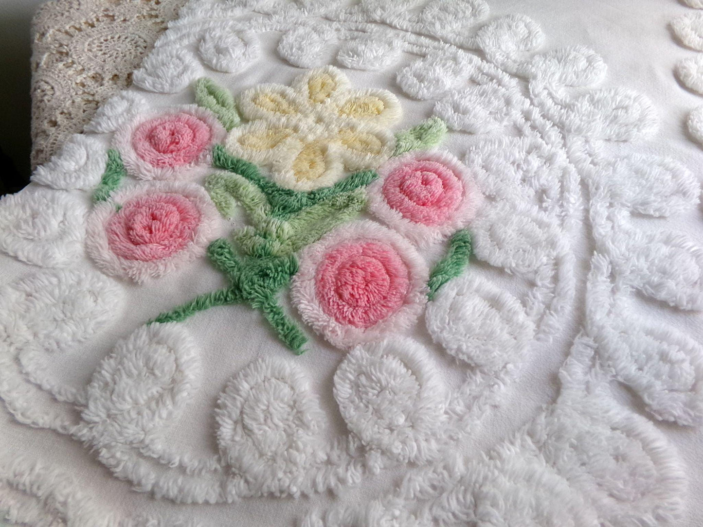 bridal cake vintage chenille fabric, lovely sculpted white curlicues & rosette florals, 20" x 23" inch piece of cotton sewing material