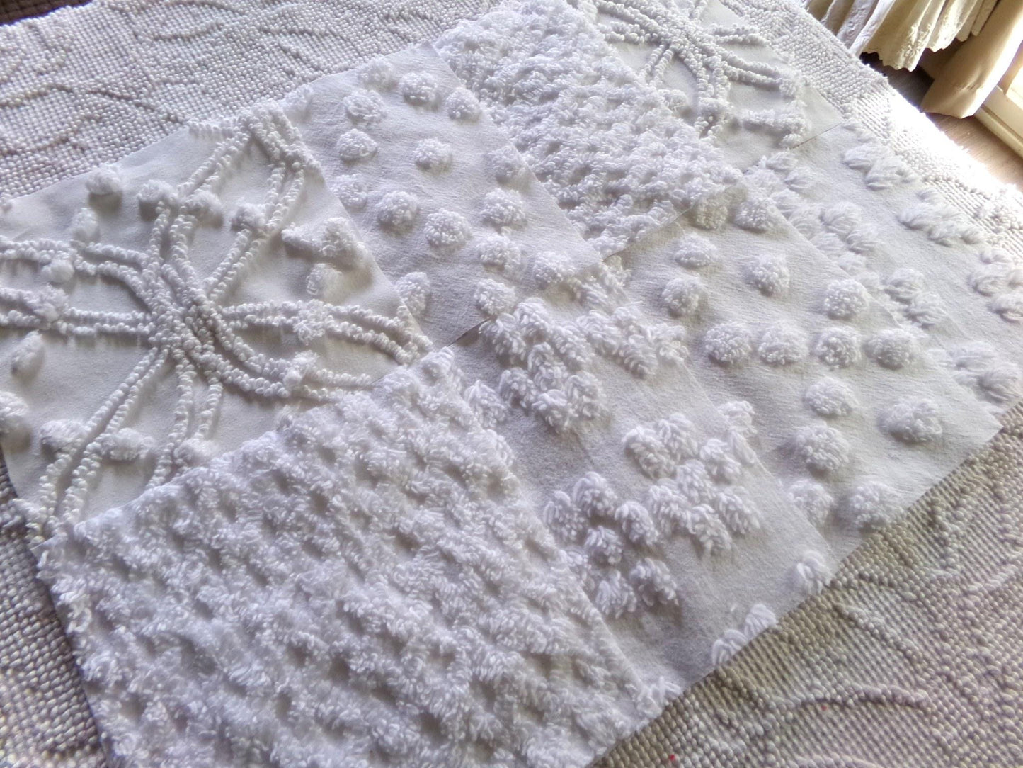 farmhouse style white chenille fabric squares, 7.5" vintage quilt blocks, set of 8 for sewing, crafts & quilting