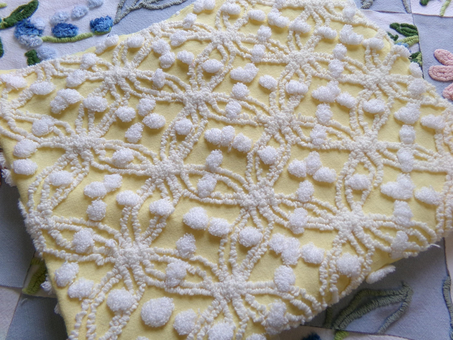sunny yellow vintage chenille fabric, 20" x 24" piece of craft material for sewing, quilting in white overtufted pops & spider ring pattern