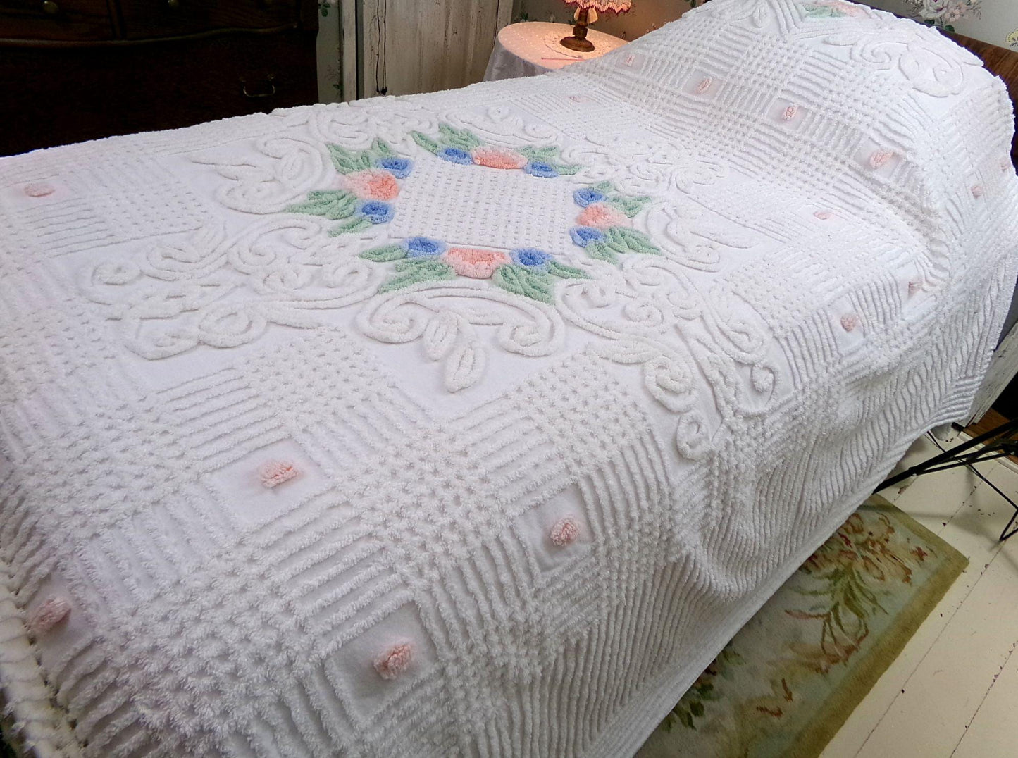 roses in winter vintage chenille bedspread, white cotton summer coverlet, classic cottage style full size bedding