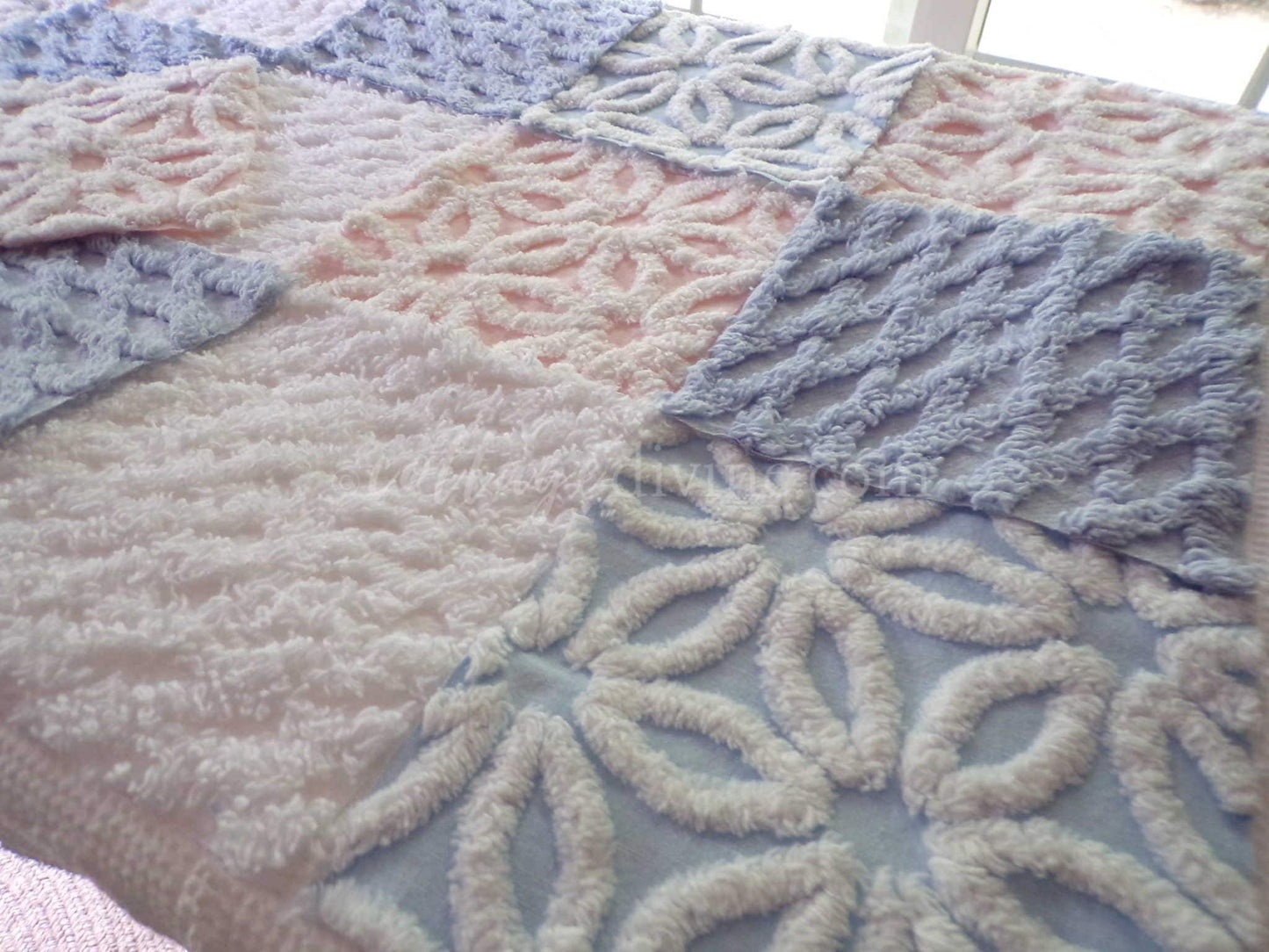 Fluffy Soft 6" Chenille Fabric Squares, Set of 16 Quilt Blocks, Pink, Blue & White Daisy Designs Cut from Vintage Chenille Bedspreads