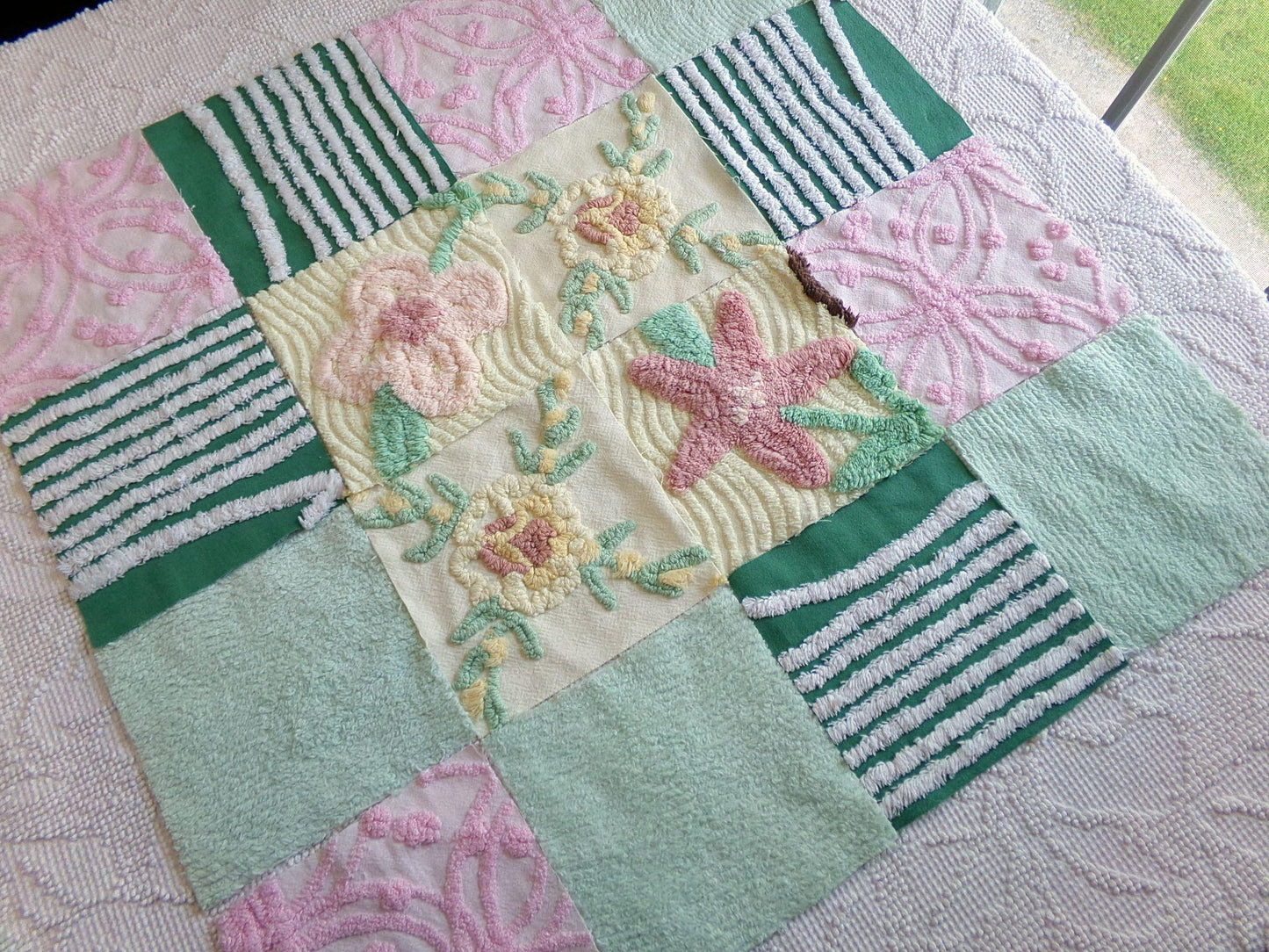 enchanted forest chenille fabric squares, set of 16 vintage craft quilt blocks 6" inches ea, yellow, green, pink & floral patterns