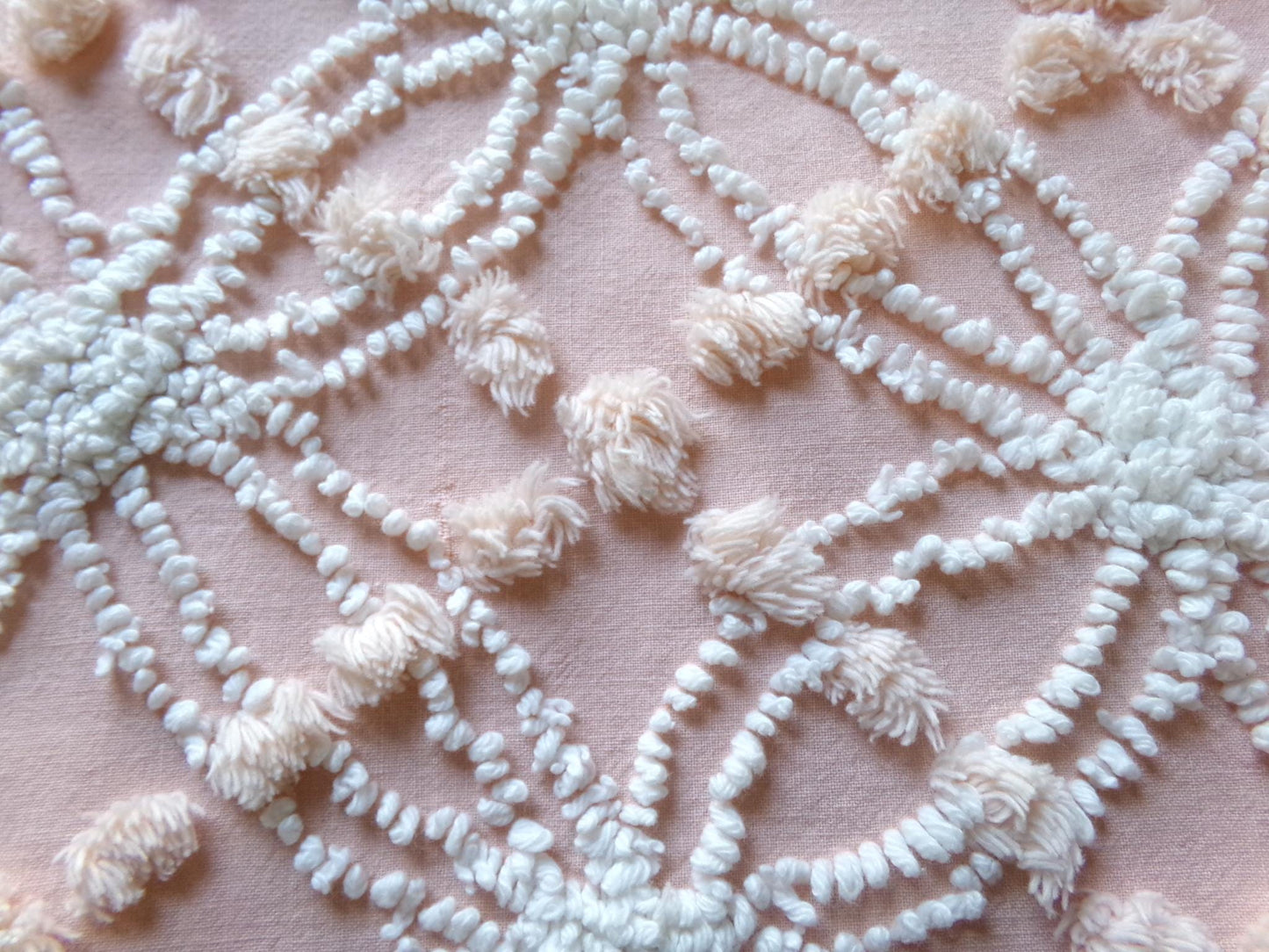 iced peach vintage chenille fabric, needletuft white wedding rings & overtufted pops, 20" x 24" piece sewing material for quilting, crafts
