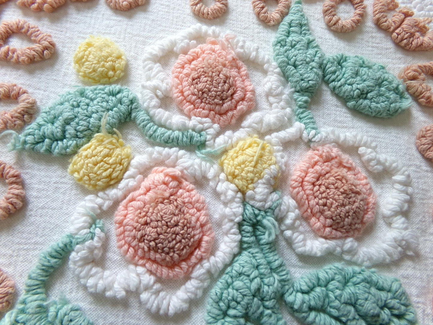 frosted cake sculpted vintage chenille fabric, cream botanicals & autumn roses, 35" x 20" inch piece of beautiful sewing material
