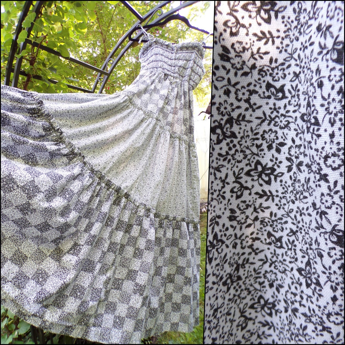 Butterfly Vintage Prairie Dress, Black & White Calico Print, Tie Strap Tiered Maxi Sundress, Candi Jones California, Boho Style Big Sweep, S