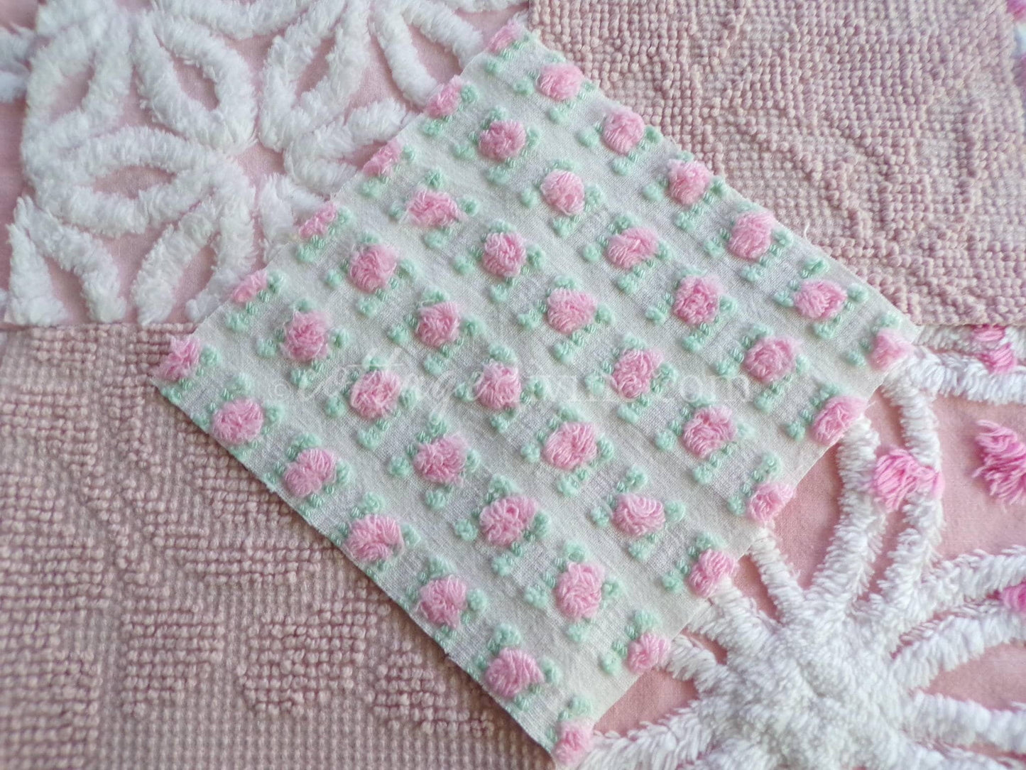 angel pinks vintage chenille fabric squares, rosebuds, daisy patterns, set of 16 quilting blocks, 6" x 6" each, pretty in patchwork pillows