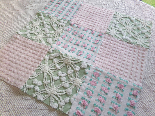 Cottage Chic Vintage Patchwork Chenille Craft Panel - 16" square fabric piece pretty in Pillows, Quilting & Home Decor Projects
