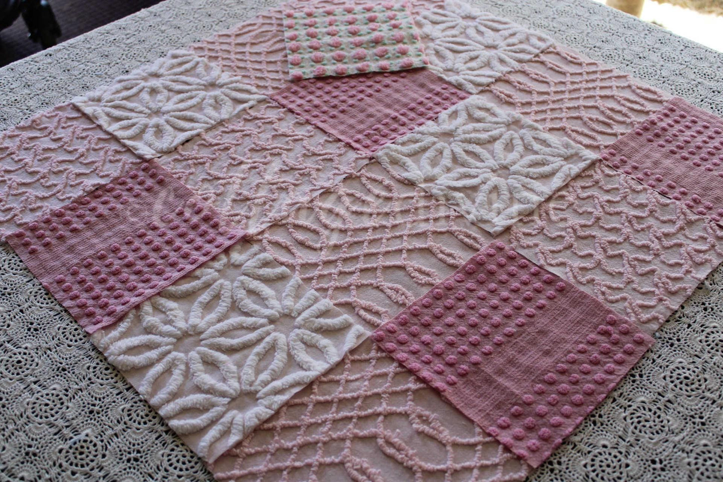 Prettiest Pink Quilt Squares, Daisy Rose Craft Square Set from Vintage Chenille Bedspread Fabric, 17 Blocks, 6" x 6" inch